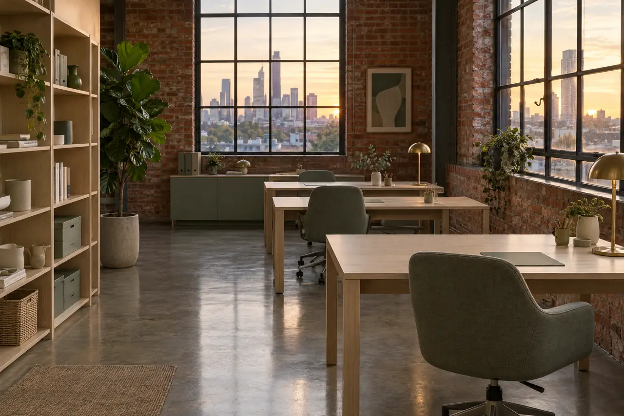 A quiet, tidy studio office after hours, with clear desks and chairs tucked in.