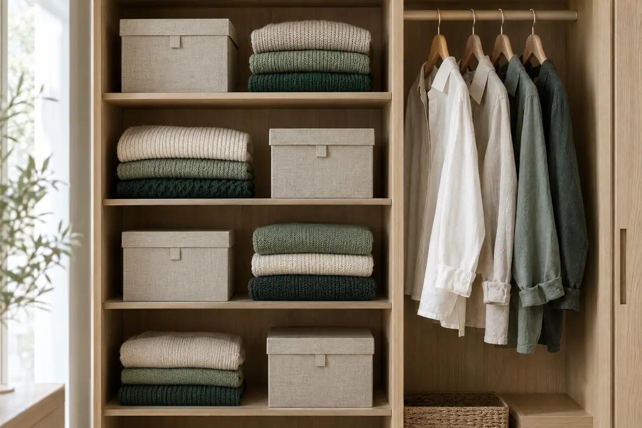 An open wardrobe with knitwear folded in neat stacks and linen storage boxes.