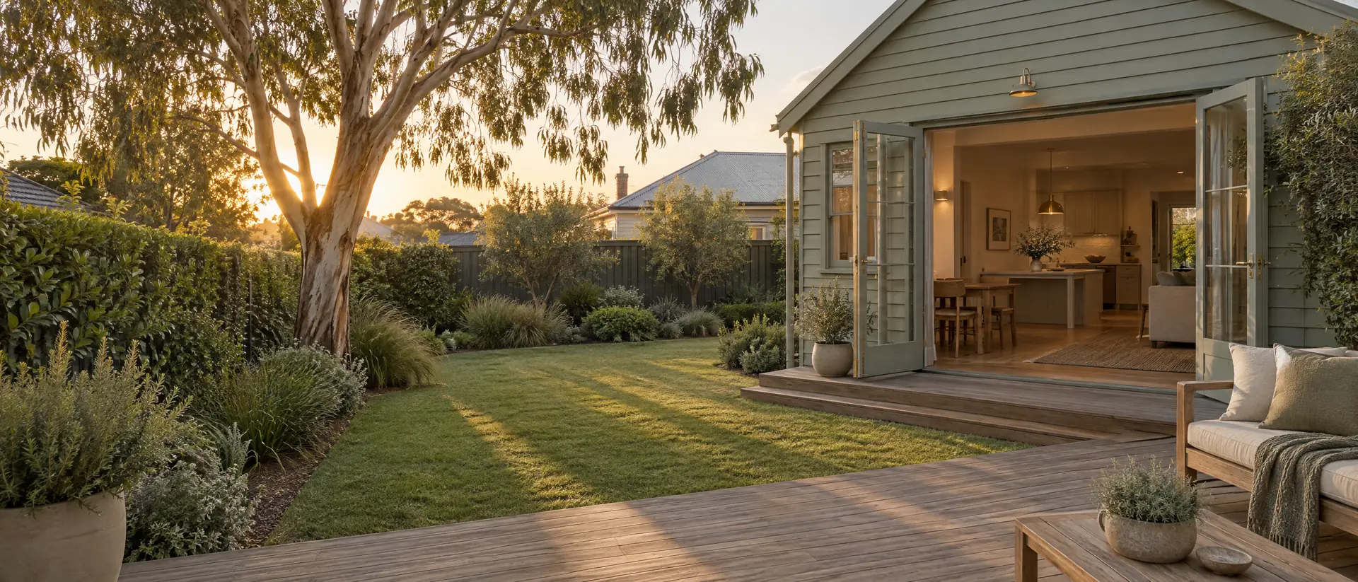 A freshly mown back garden at golden hour, seen from a timber deck.