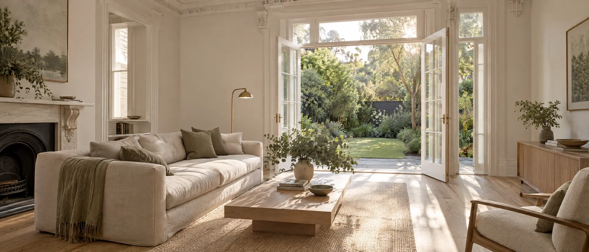 A calm living room with french doors open onto a neat native garden in late-afternoon light.