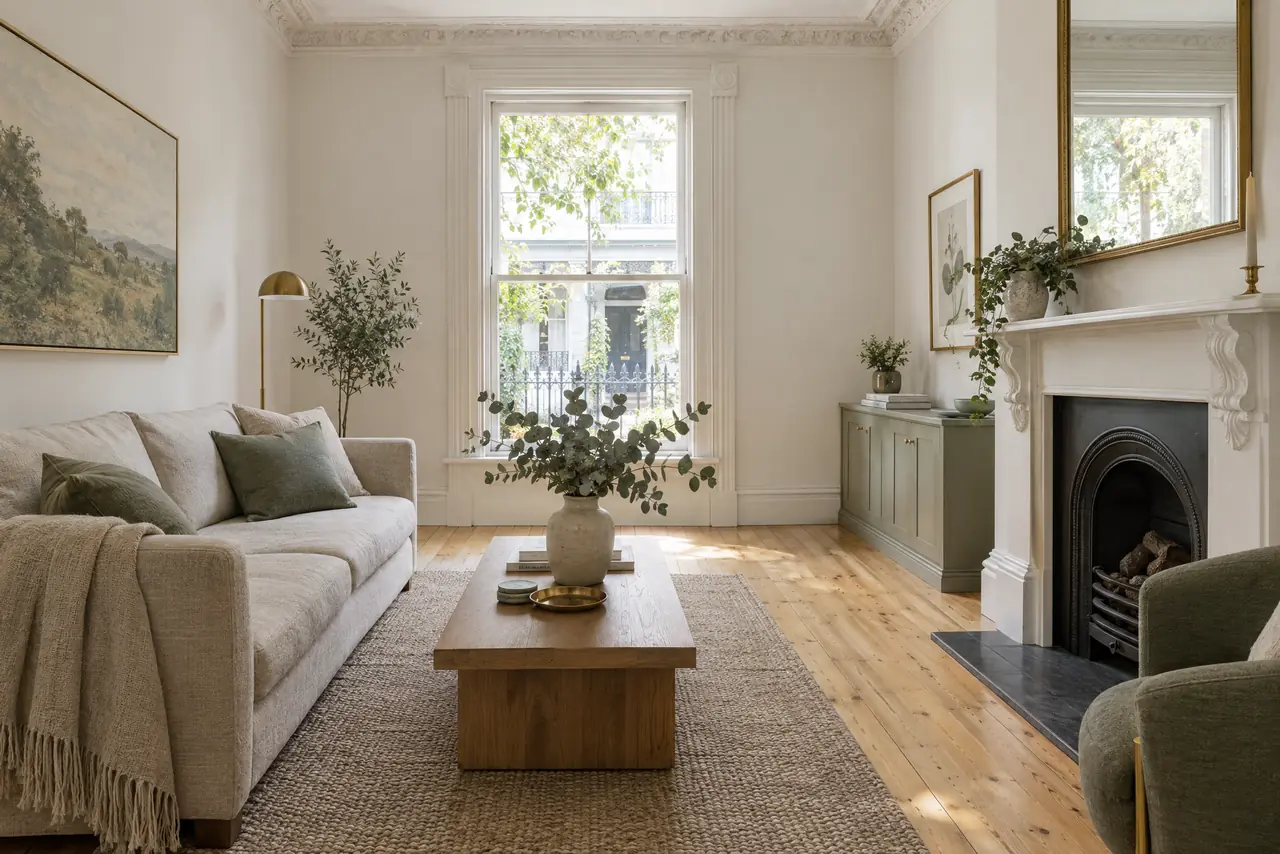 A calm, freshly cleaned living room with timber floors, a linen sofa and eucalyptus on the coffee table.