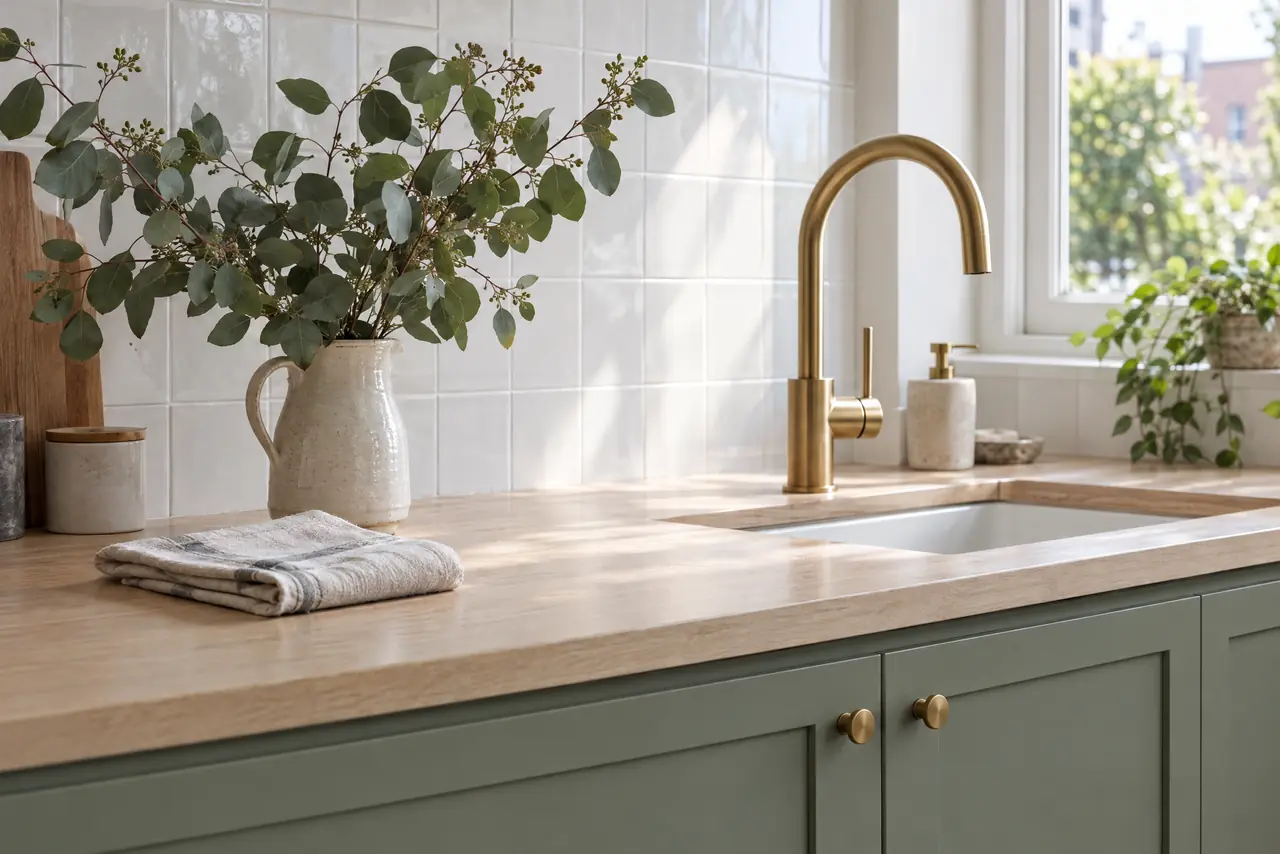 A wiped-down timber kitchen bench with a folded tea towel and a jug of eucalyptus.